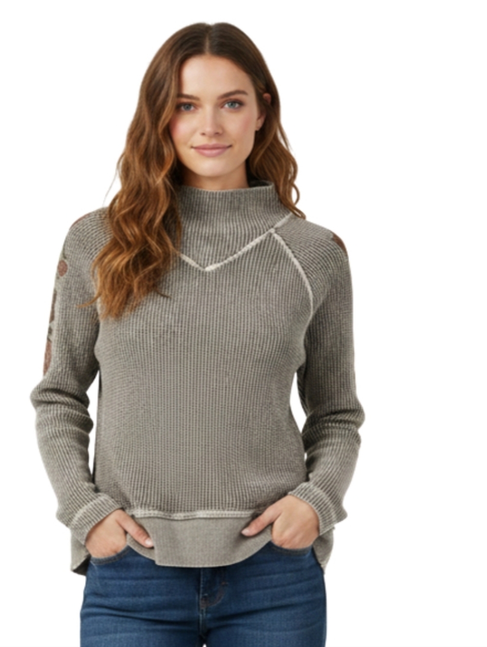 Long Sleeve Mock Neck Waffle Knit Top - Gray